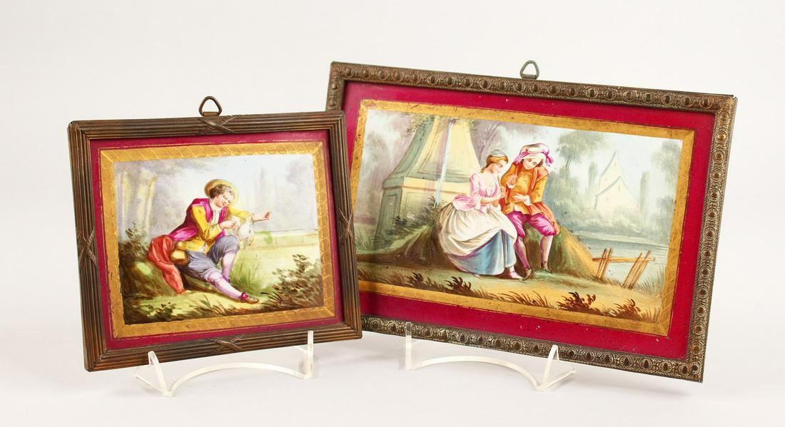 TWO 19TH CENTURY FRENCH PORCELAIN PLAQUES, young: TWO 19TH CENTURY FRENCH PORCELAIN PLAQUES, young lovers and a boy with a dove, both in metal frames. 5.5ins x 8.5ins and 4.5ins x 5.5ins.