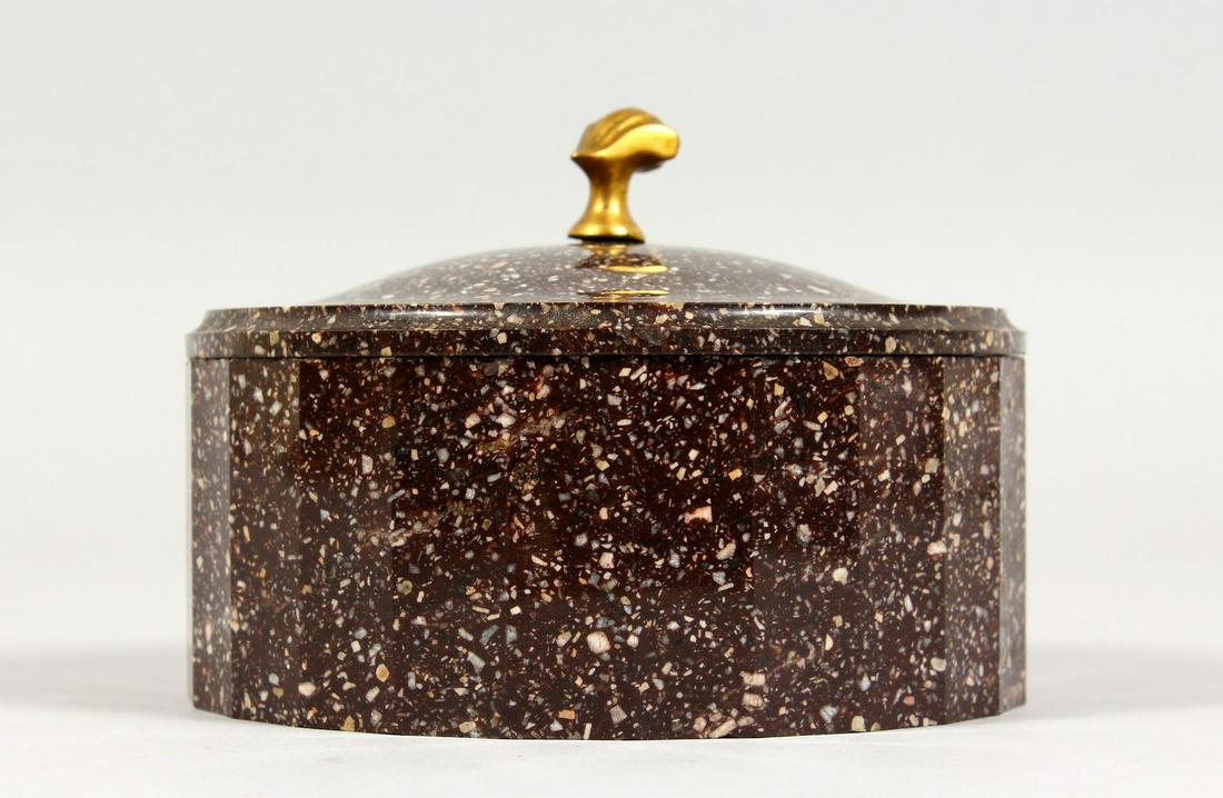 A SUPERB 19TH CENTURY PORPHYRY CIRCULAR BOX AND COVER.: A SUPERB 19TH CENTURY PORPHYRY CIRCULAR BOX AND COVER. 4.75ins diameter x 2.25ins deep. (AF).