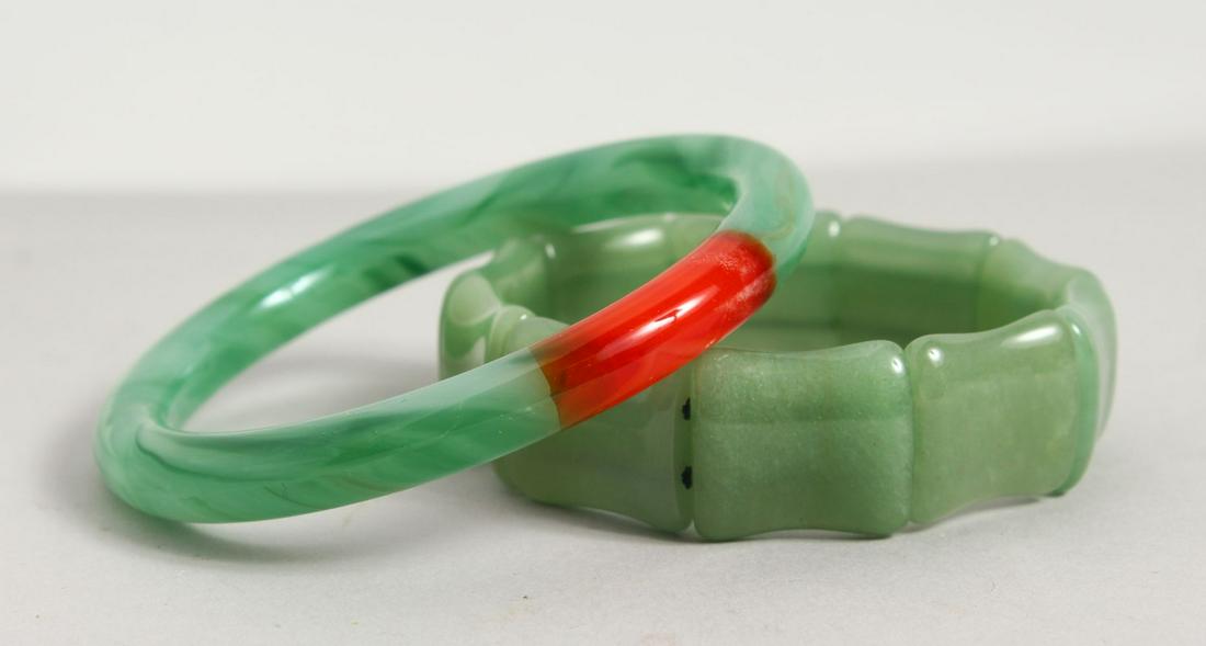 TWO CHINESE CARVED JADE / JADELIKE BANGLES / BRACELETS, (1 of 2)