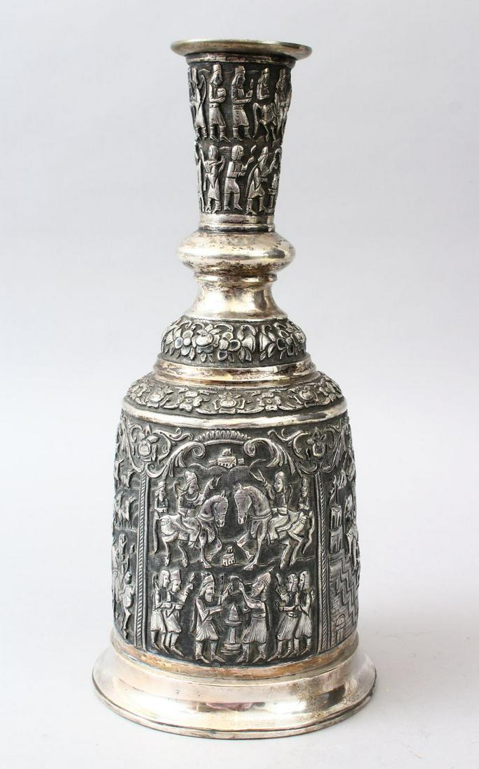 A FINE 19TH CENTURY PERSIAN QAJAR SILVER HUQQA BASE, (1 of 12)