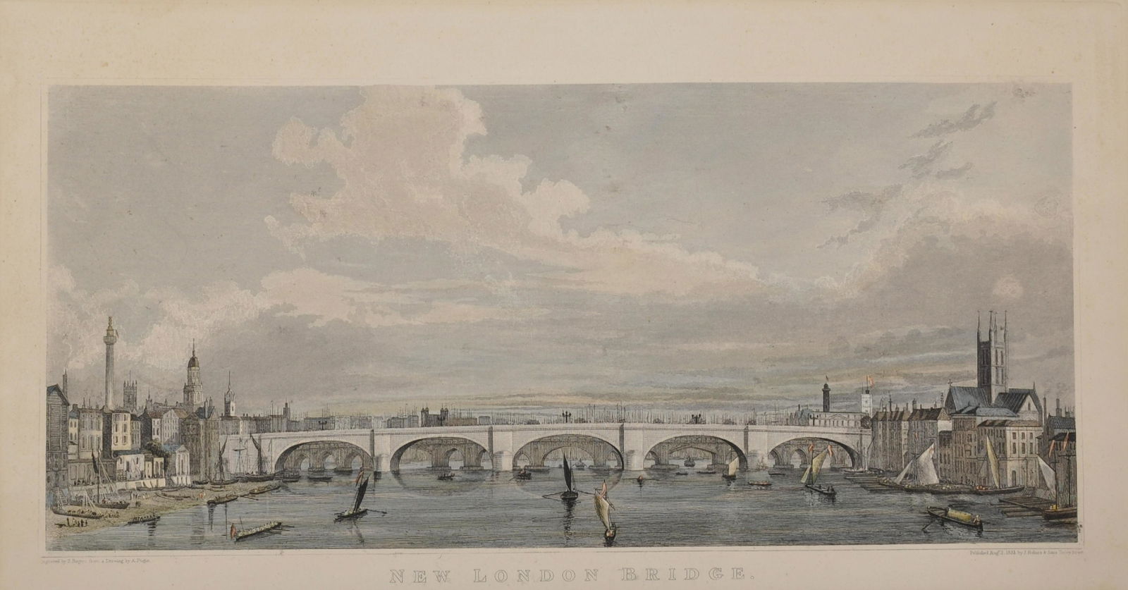 After Augustus Charles Pugin (1769-1832) British. "New: After Augustus Charles Pugin (1769-1832) British. "New London Bridge", Engraving, Unframed, 7.5" x 17", and Three other Engravings by various hands, Four (4).