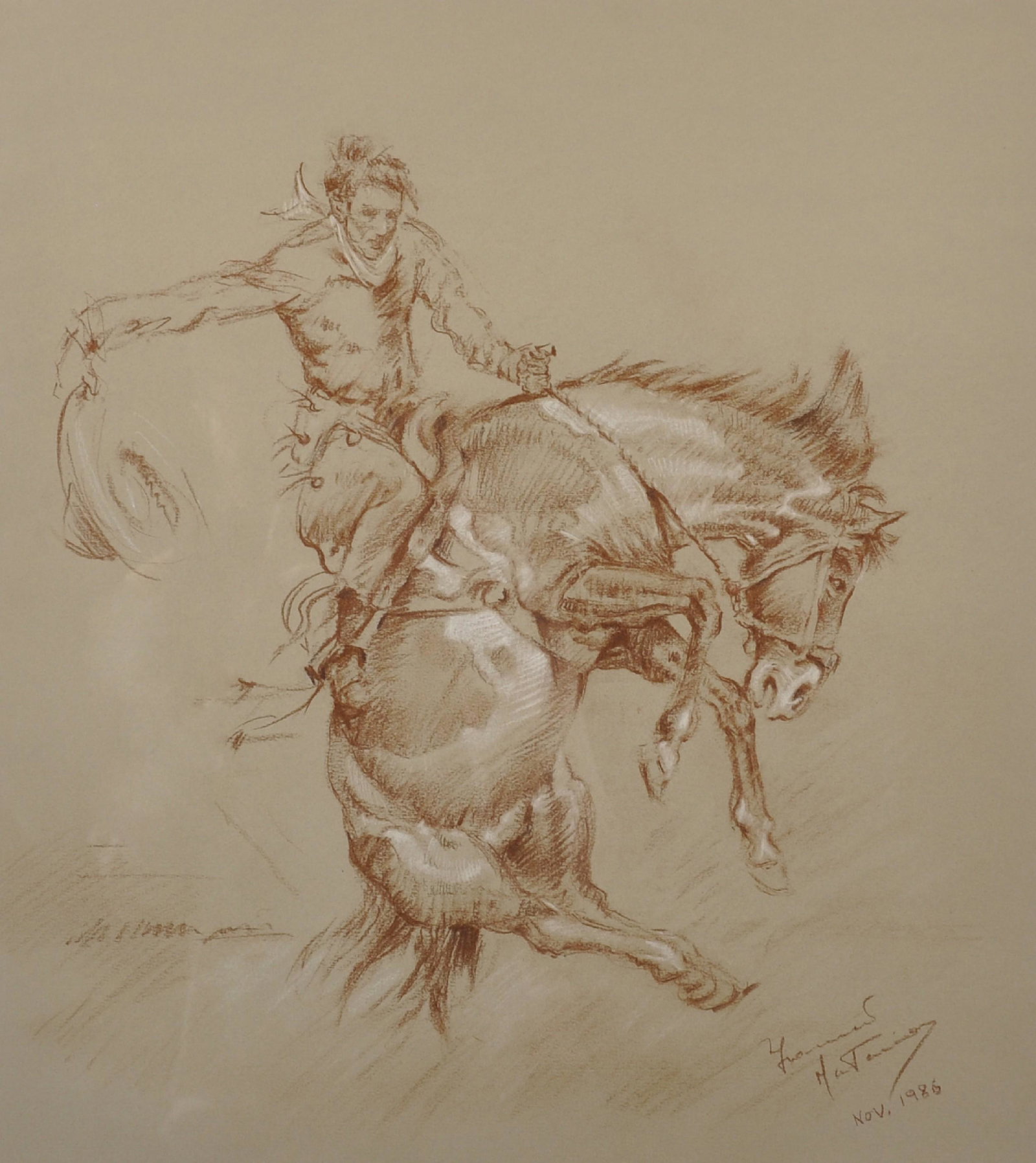 Fortunino 'Franco' Matania (1922-2006) Italian/British.: Fortunino 'Franco' Matania (1922-2006) Italian/British. Study of a Man on a Bucking Bronco, Mixed Media, Signed and Dated 'Nov 1986', 18" x 16".