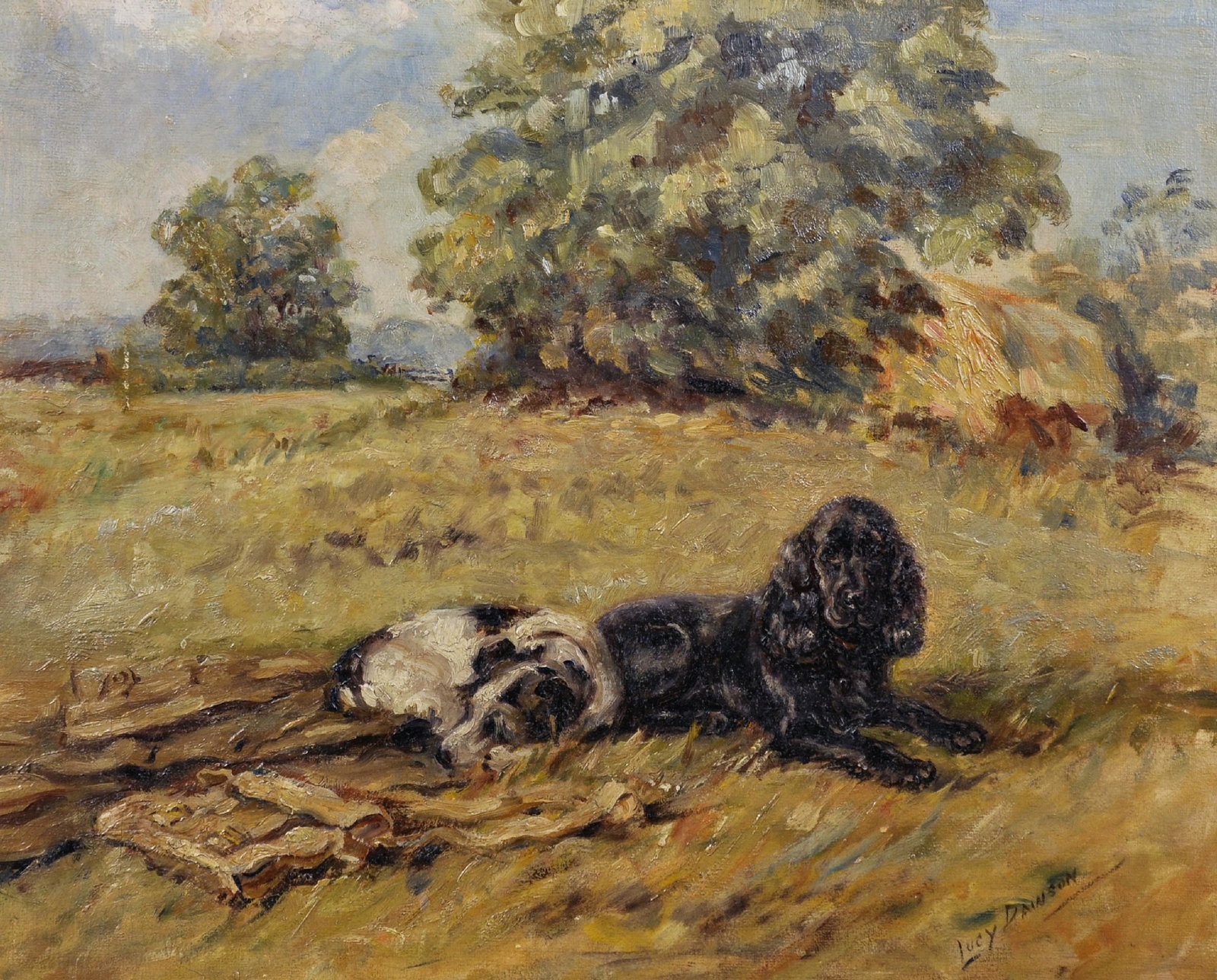 Lucy Dawson (1867-1958) British. A Terrier and Spaniel: Lucy Dawson (1867-1958) British. A Terrier and Spaniel on a Rug, Oil on Board, Signed, 14.5" x 17.75".