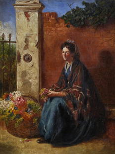 Circle of Augustus Edwin Mulready (1844-c.1903): Circle of Augustus Edwin Mulready (1844-c.1903) British. 'The Flower Seller', Oil on Canvas, 10" x 8".