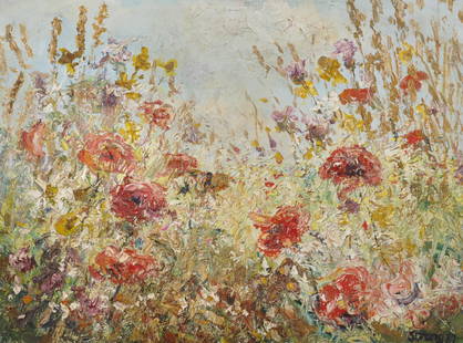 Michael James Strang (1942-    ) British. "Poppies and: Michael James Strang (1942- ) British. "Poppies and other Wild Flowers on the Edge of a Cornfield", with Butterflies and Bees, Oil on Board, Signed and Dated '87, and Signed, Inscribed and Dated on th