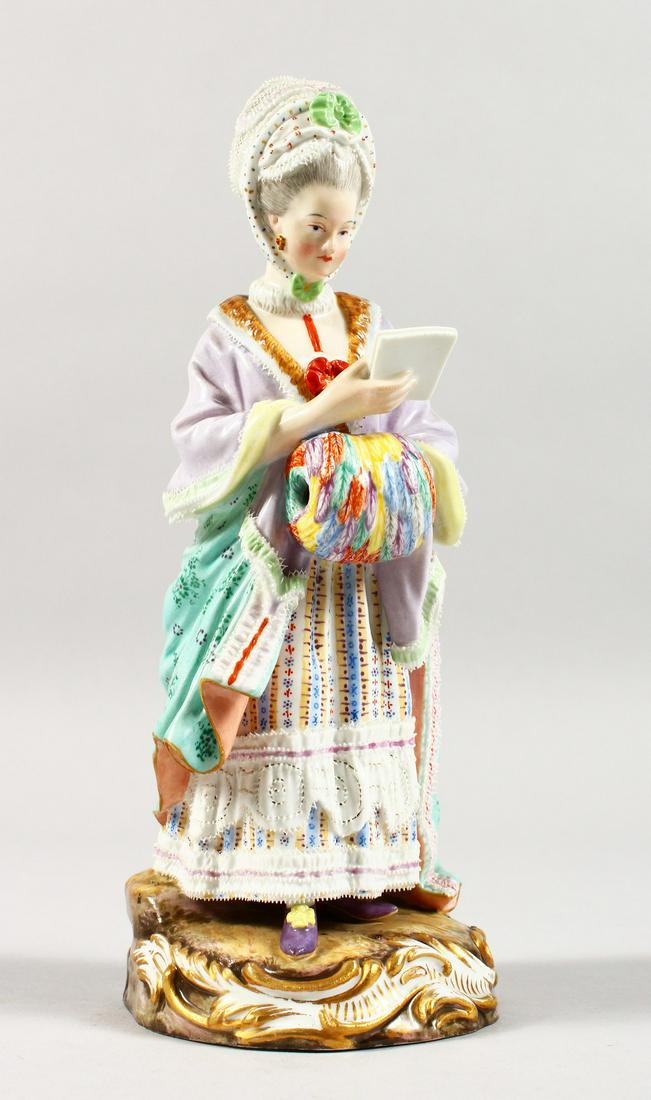 A GOOD 19TH CENTURY MEISSEN PORCELAIN FIGURE OF A LADY: A GOOD 19TH CENTURY MEISSEN PORCELAIN FIGURE OF A LADY with muff, reading a book. Cross swords mark in blue. Incised D66. 8ins high.