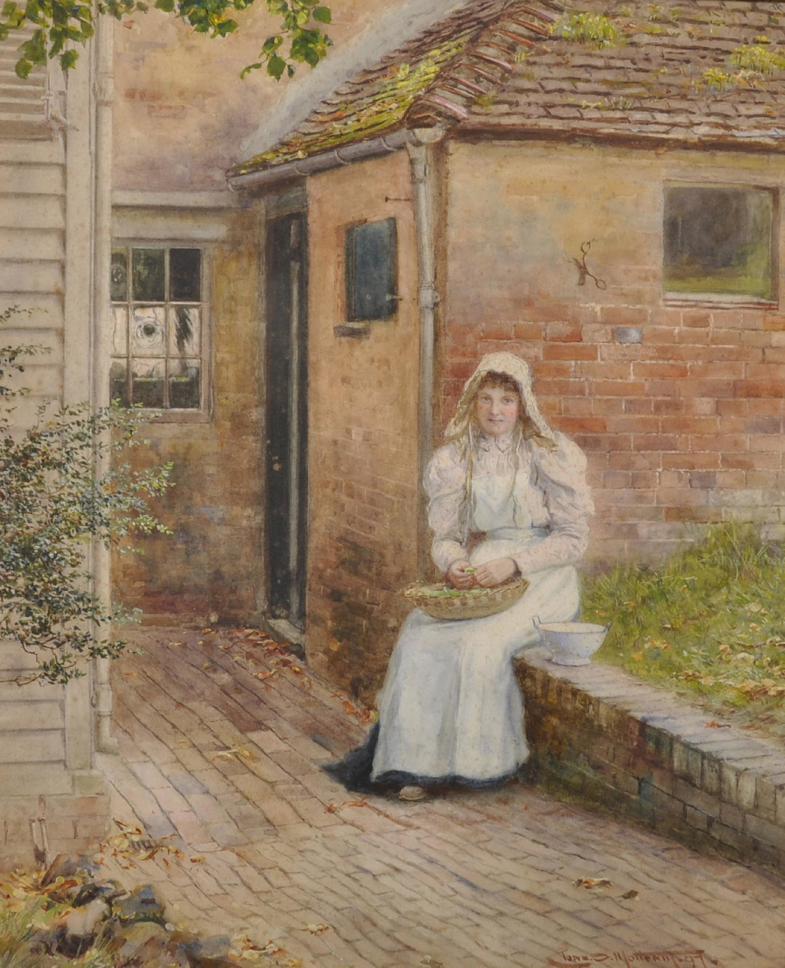 Charles Sim Mottram (act.1876-1919) British. "Shelling: Charles Sim Mottram (act.1876-1919) British. "Shelling Peas", Study of a Young Girl, sitting on a Garden Wall, Watercolour, Signed and Dated '97, and Inscribed on the mount, 17.25" x 14.5".