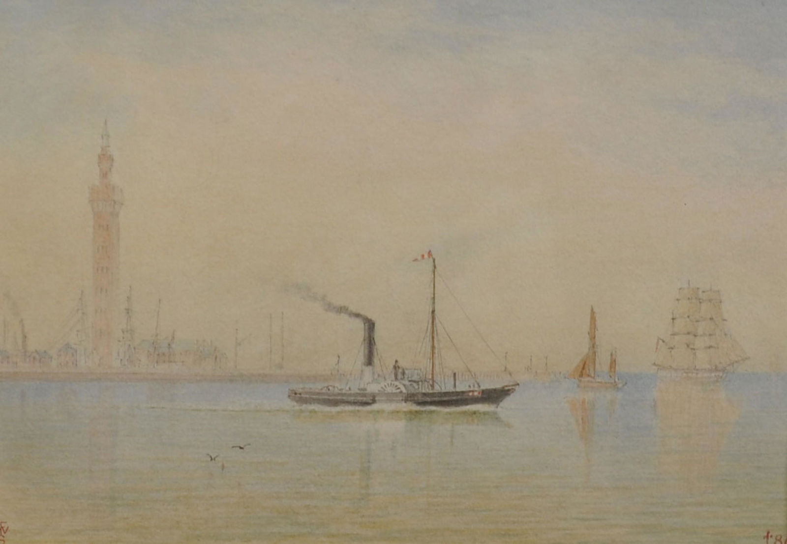 William Frederick Settle (1821-1897) British. "The: William Frederick Settle (1821-1897) British. "The Humber - with The Dock Tower, Grimsby", with a Paddle Steamer in the foreground, Watercolour, Signed with Monogram and Dated '86, 5" x 7", and the co