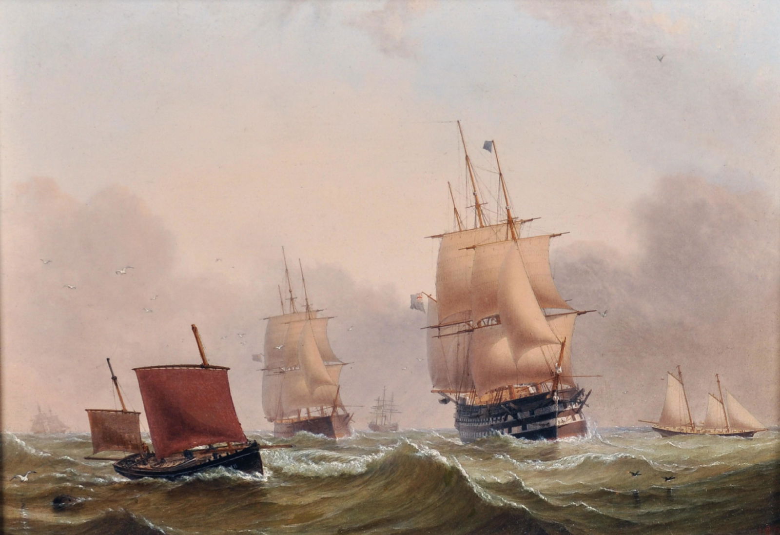 William Frederick Settle (1821-1897) British. A Busy: William Frederick Settle (1821-1897) British. A Busy Shipping Scene, in Choppy Waters, with Two Three Masted Vessels and other Shipping, Oil on Panel, Signed with Monogram and Dated 1864, 7.5" x 10.5"