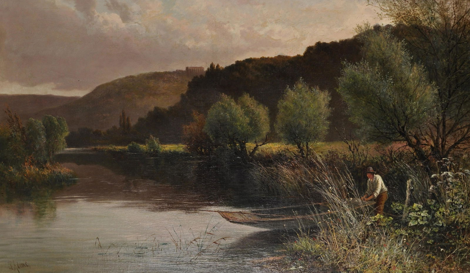 Charles James Adams (1859-1931) British. A Tranquil: Charles James Adams (1859-1931) British. A Tranquil River Landscape, with Man in a Punt, Oil on Canvas, Signed, 30" x 50".