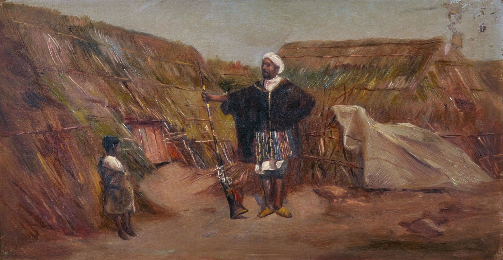 Emile Marin (1876-1940) French. An Arabian Guard, with: Emile Marin (1876-1940) French. An Arabian Guard, with a Small Boy by Straw Huts, Oil on Panel, 6" x 11".