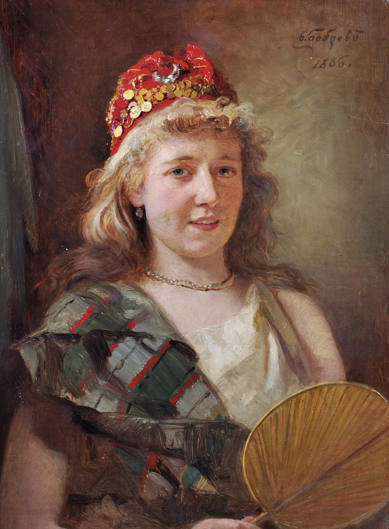 Viktor Alexejewitsch Bobrov (1842-1918) Russian.: Viktor Alexejewitsch Bobrov (1842-1918) Russian. "Boyarina", Portrait of a Young Girl, holding a Fan, Oil on Canvas laid down, Signed in Cyrillic and Dated 1886, 14" x 10.5".