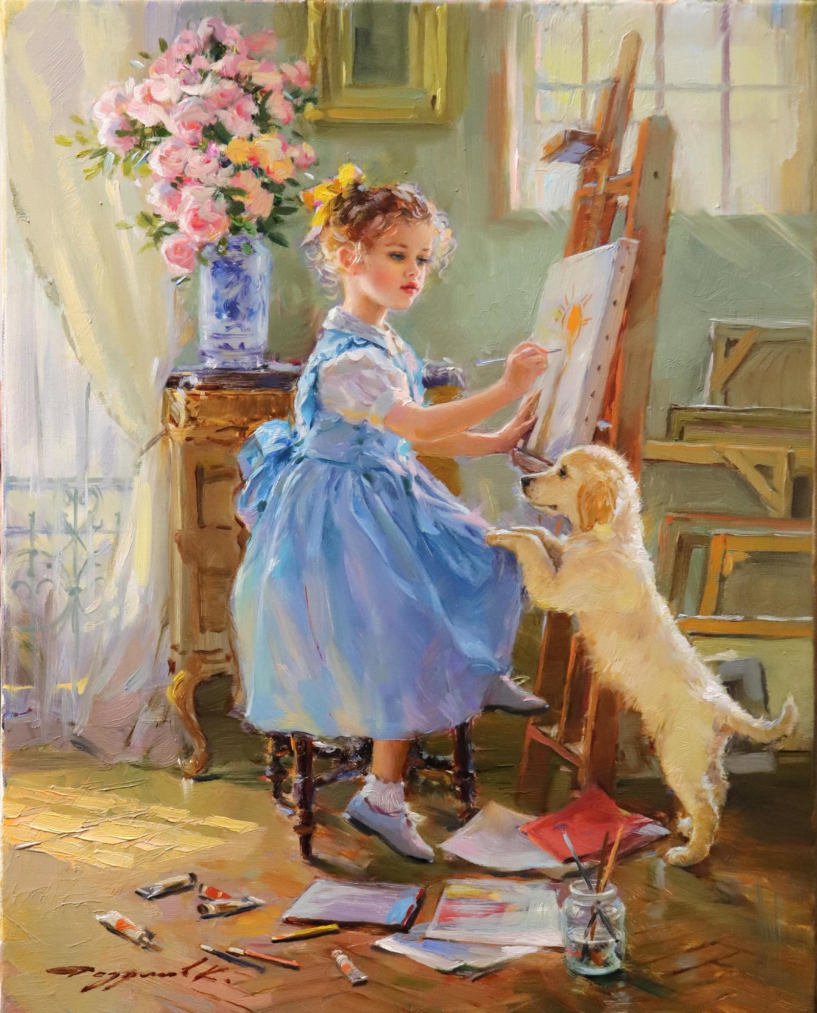 Konstantin Razumov (1974- ) Russian. "The Young: Konstantin Razumov (1974- ) Russian. "The Young Artist", A Young Girl Painting at her Easel, with a Puppy wanting attention, Oil on Canvas, Signed in Cyrillic, and Signed and Inscribed on the reverse 