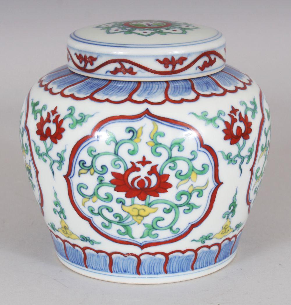 A CHINESE MING STYLE DOUCAI PORCELAIN JAR & COVER, the (1 of 7)