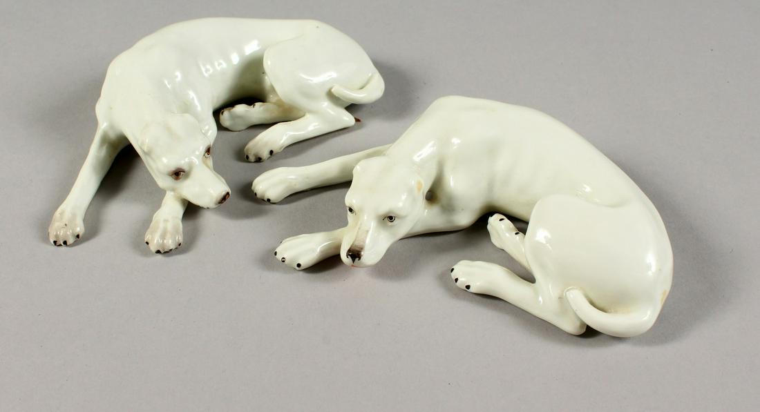A PAIR OF MEISSEN WHITE PORCELAIN RECLINING DOGS. Mark: A PAIR OF MEISSEN WHITE PORCELAIN RECLINING DOGS. Mark in blue. 5ins long.