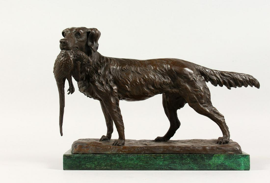 AFTER P. J. MENE (1810-1879) FRENCH A BRONZE OF A: AFTER P. J. MENE (1810-1879) FRENCH A BRONZE OF A RETRIEVER carrying a pheasant, on a marble base. 17ins long.