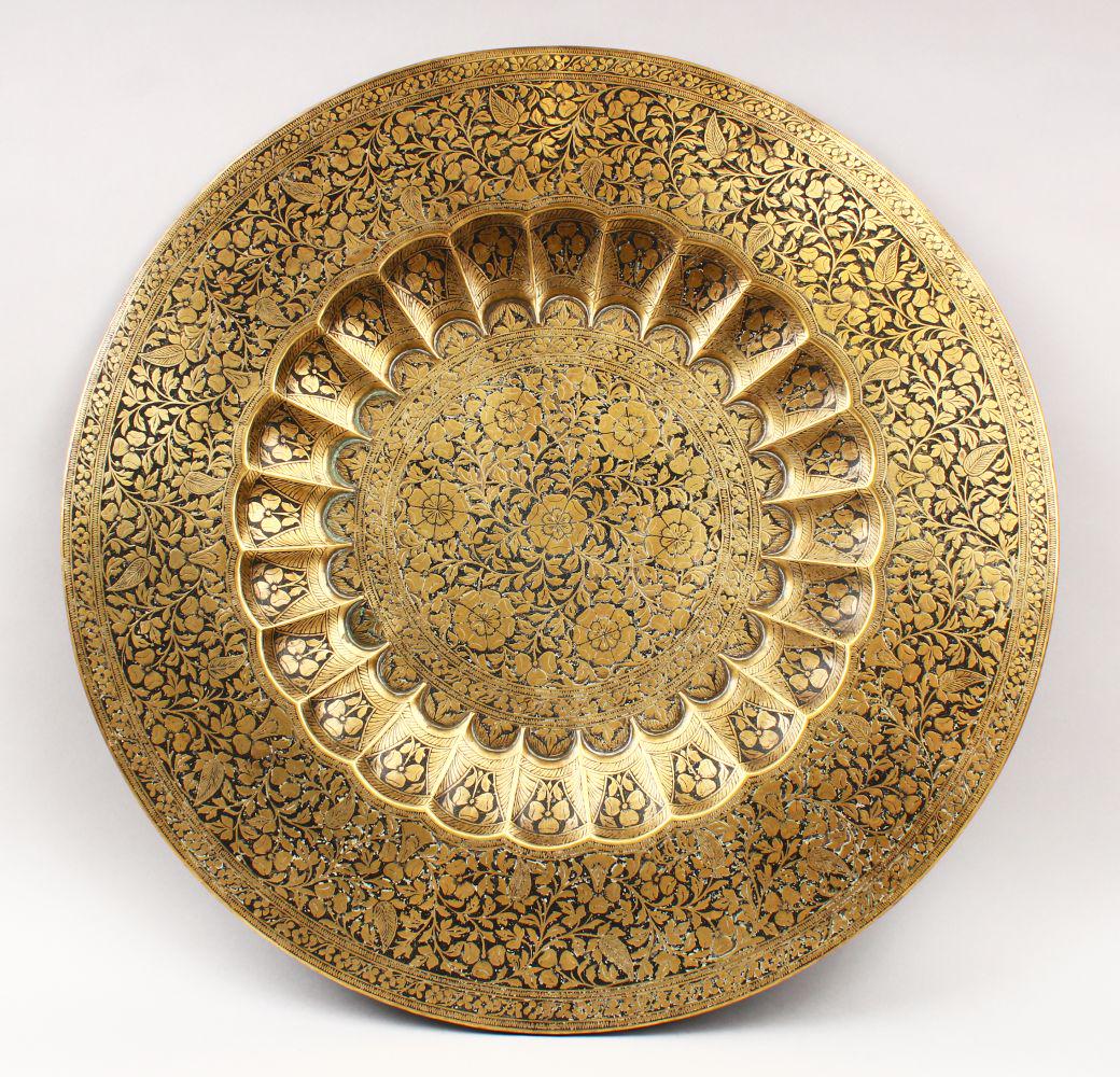 A LARGE 19TH CENTURY ENGRAVED BRASS BIDRIWARE TRAY, (1 of 7)