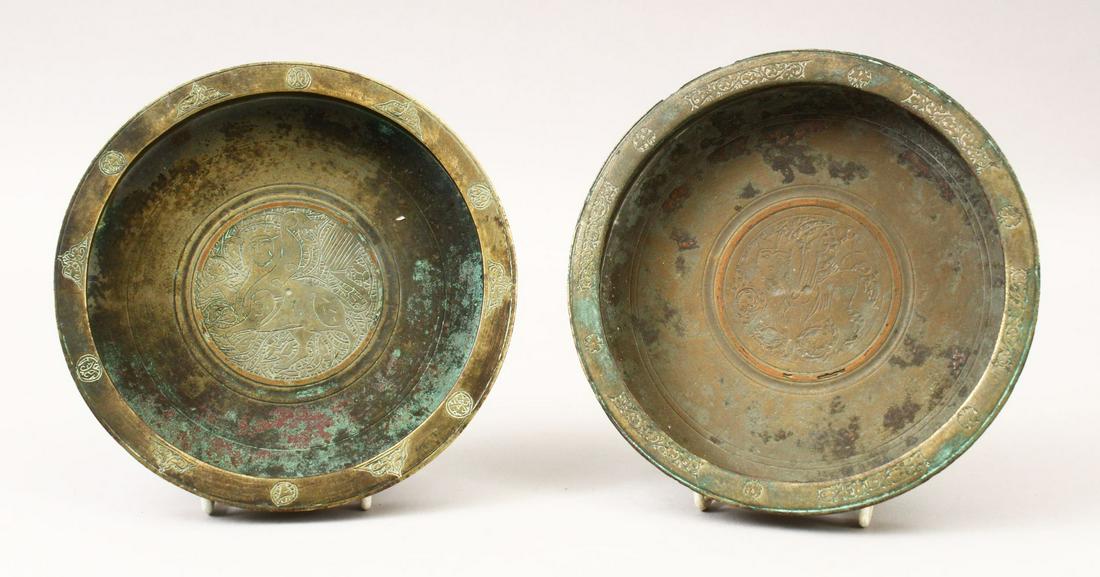 TWO 19TH CENTURY SELJUK INLAID BRONZE DISHES, with (1 of 8)