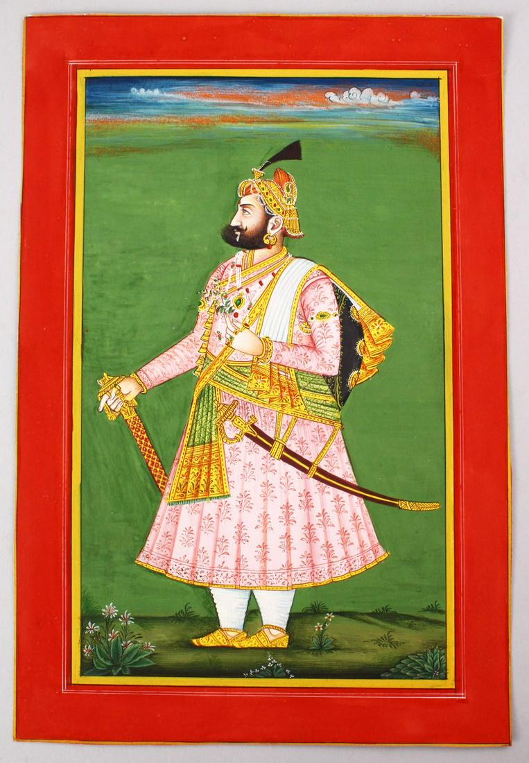 A LARGER 19TH / 20TH CENTURY INDO PERSIAN MUGHAL ART: A LARGER 19TH / 20TH CENTURY INDO PERSIAN MUGHAL ART HAND PAINTED PICTURE ON PAPER, the picture depicting the scene of a male figure stood in a landscape wearing traditional attire and arms, 33.3cm hi