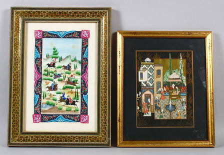 TWO 20TH CENTURY PERSIAN MINIATURE PAINTINGS, one with: TWO 20TH CENTURY PERSIAN MINIATURE PAINTINGS, one with an inlaid khatam frame, 24cm x 14cm & 20cm x 15cm.(2)