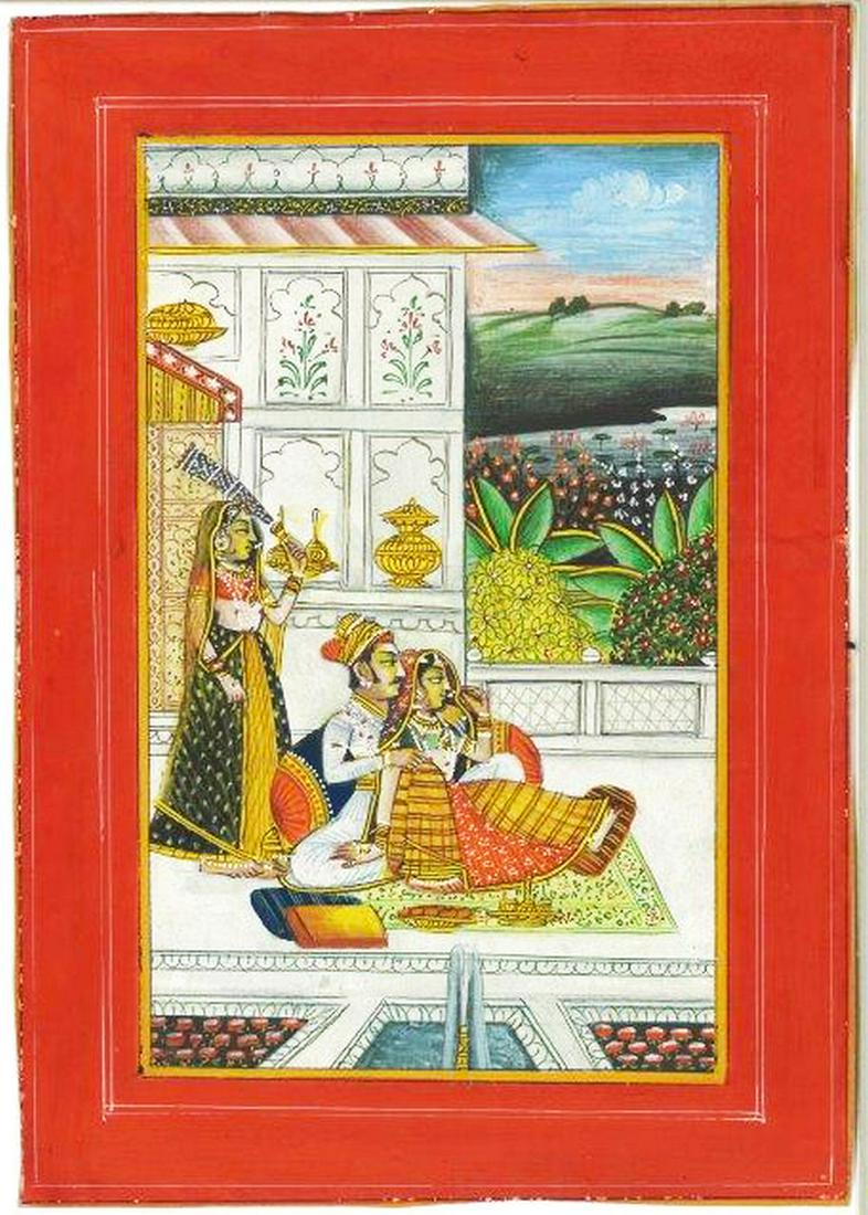 A GOOD 19TH / 20TH CENTURY INDO PERSIAN MUGHAL ART HAND: A GOOD 19TH / 20TH CENTURY INDO PERSIAN MUGHAL ART HAND PAINTED PICTURE ON PAPER, the picture depicting the scene of a seated male and female figure interior with an attendant, painted on an old page 