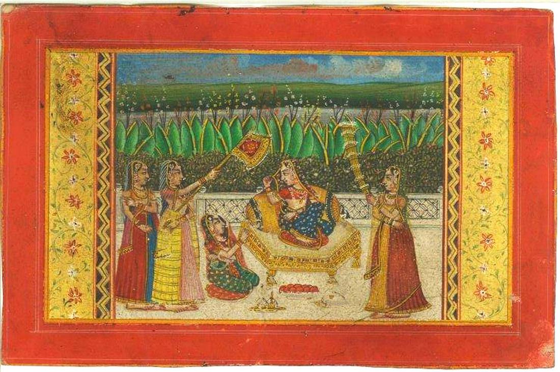 A GOOD 19TH / 20TH CENTURY INDO PERSIAN MUGHAL ART HAND: A GOOD 19TH / 20TH CENTURY INDO PERSIAN MUGHAL ART HAND PAINTED PICTURE ON PAPER, the picture depicting the scene of four female figures on a balcony setting, painted on a page of scripture, 15cm high