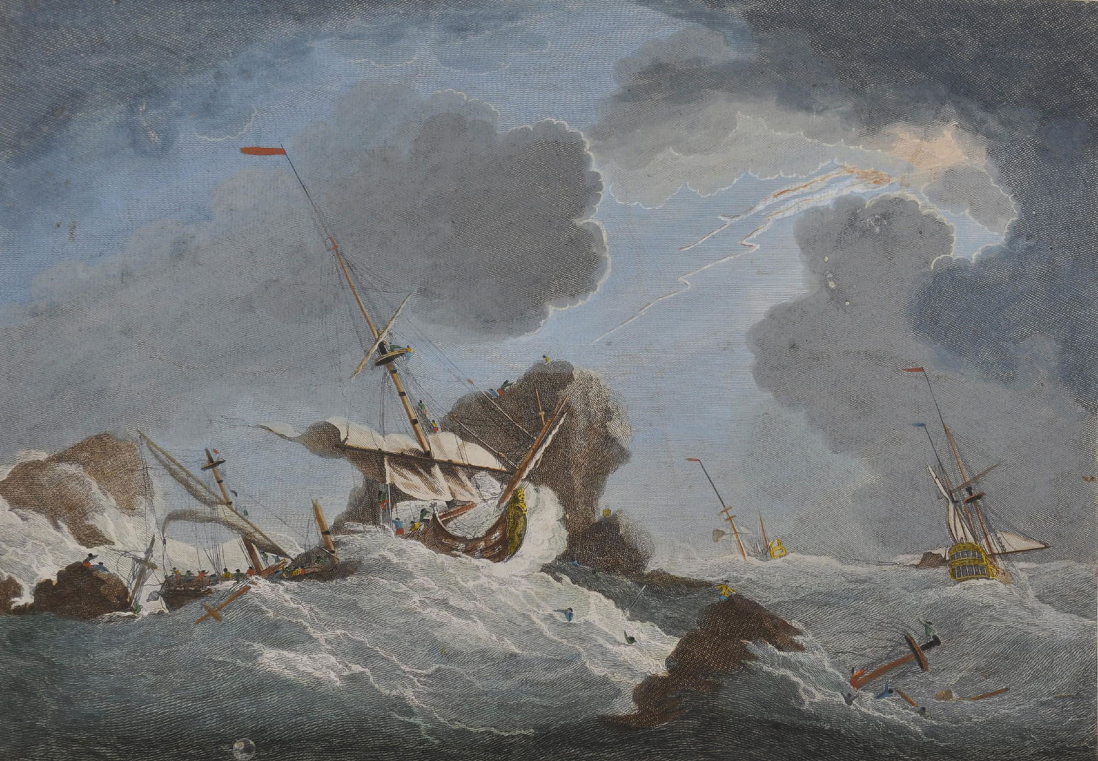 Pierre Charles Canot (c.1710-1777) after Peter Monamy: Pierre Charles Canot (c.1710-1777) after Peter Monamy (1681-1749) British. "Shipwrack [sic]", Engraving in Colours, Unframed, 10.5" x 15", and another by the same hand "Night & a Ship on Fire", Two (2