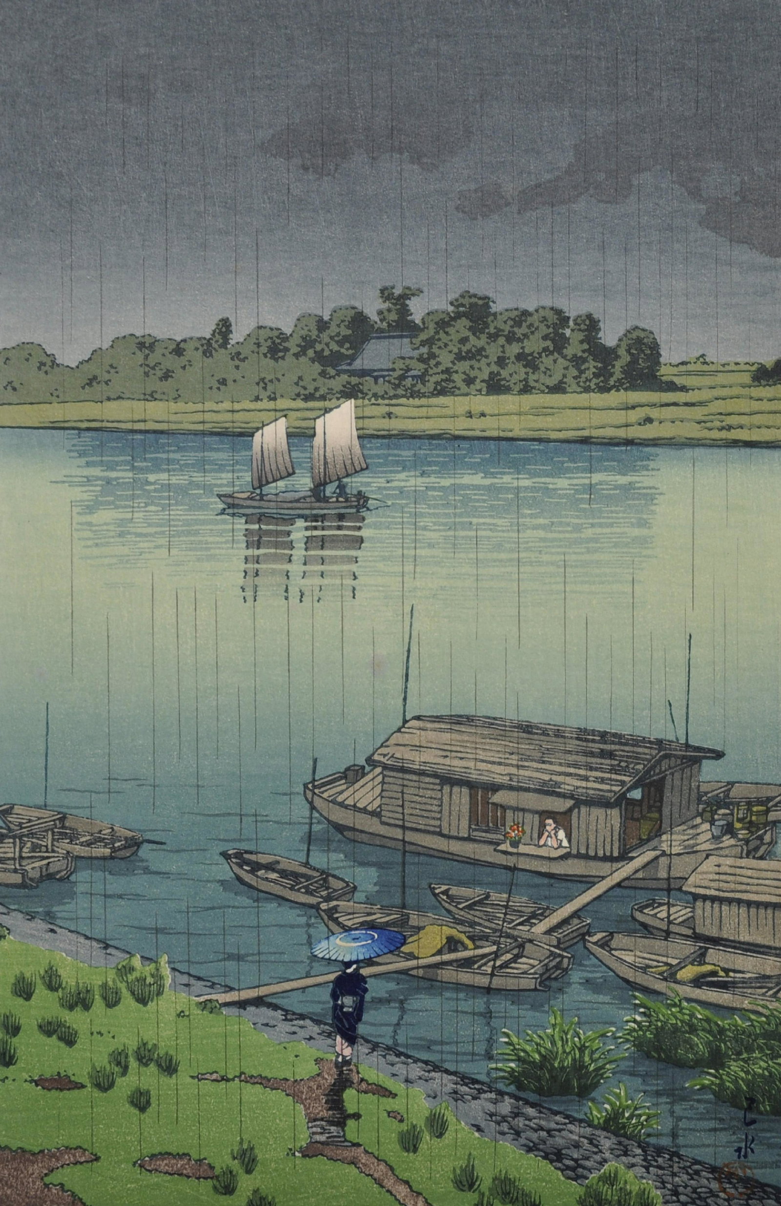 Kawase Bunjiro Hasui (1883-1957) Japanese. "Early: Kawase Bunjiro Hasui (1883-1957) Japanese. "Early Summer Rain, Arakawa", Woodcut, with Stamp, Unframed, 14.25" x 9.25".