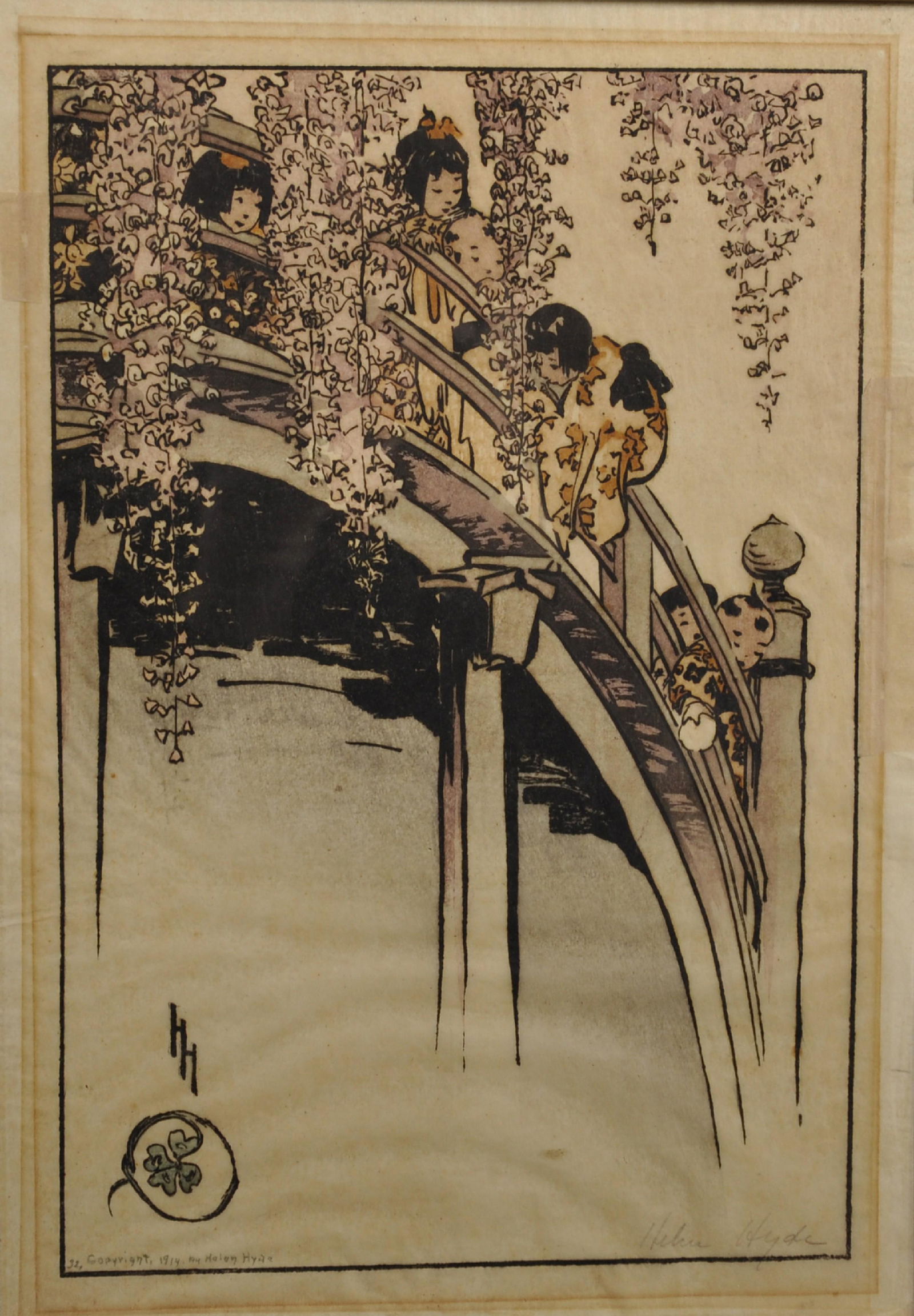 Helen Hyde (1868-1919) British. Japanese Children on a: Helen Hyde (1868-1919) British. Japanese Children on a Bridge, Woodcut, Signed in Pencil, 13.25" x 8.75".