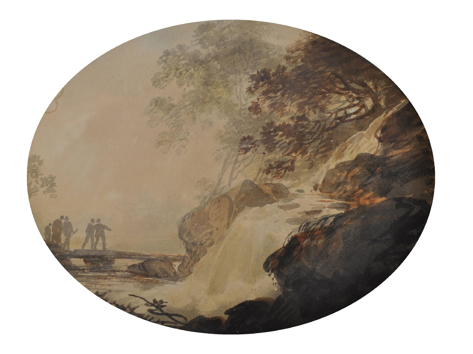 William Payne (1760-1830) British. A Rocky River: William Payne (1760-1830) British. A Rocky River Landscape, with Figures on a Bridge, Watercolour, Oval, Unframed, 7.75" x 10".