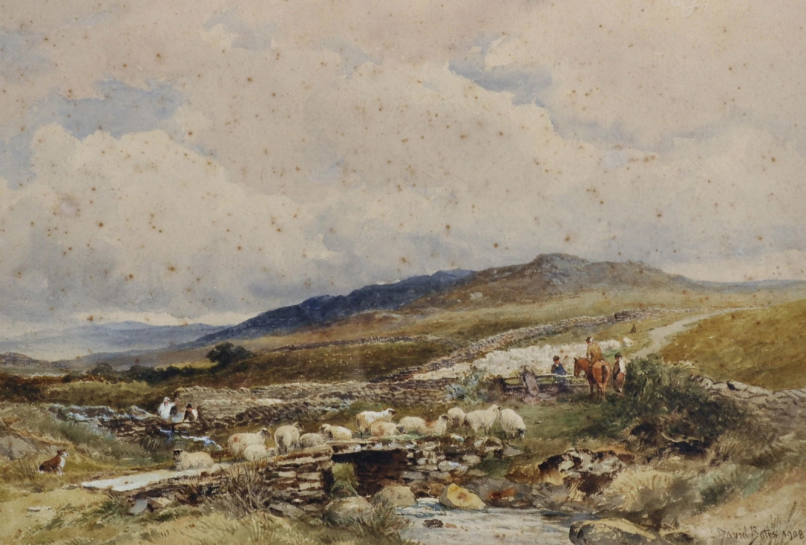 David Bates (1840/41-1921) British. A River Landscape,: David Bates (1840/41-1921) British. A River Landscape, with Shepherd and Flock, Watercolour, Signed and Dated 1908, 14" x 20.75".