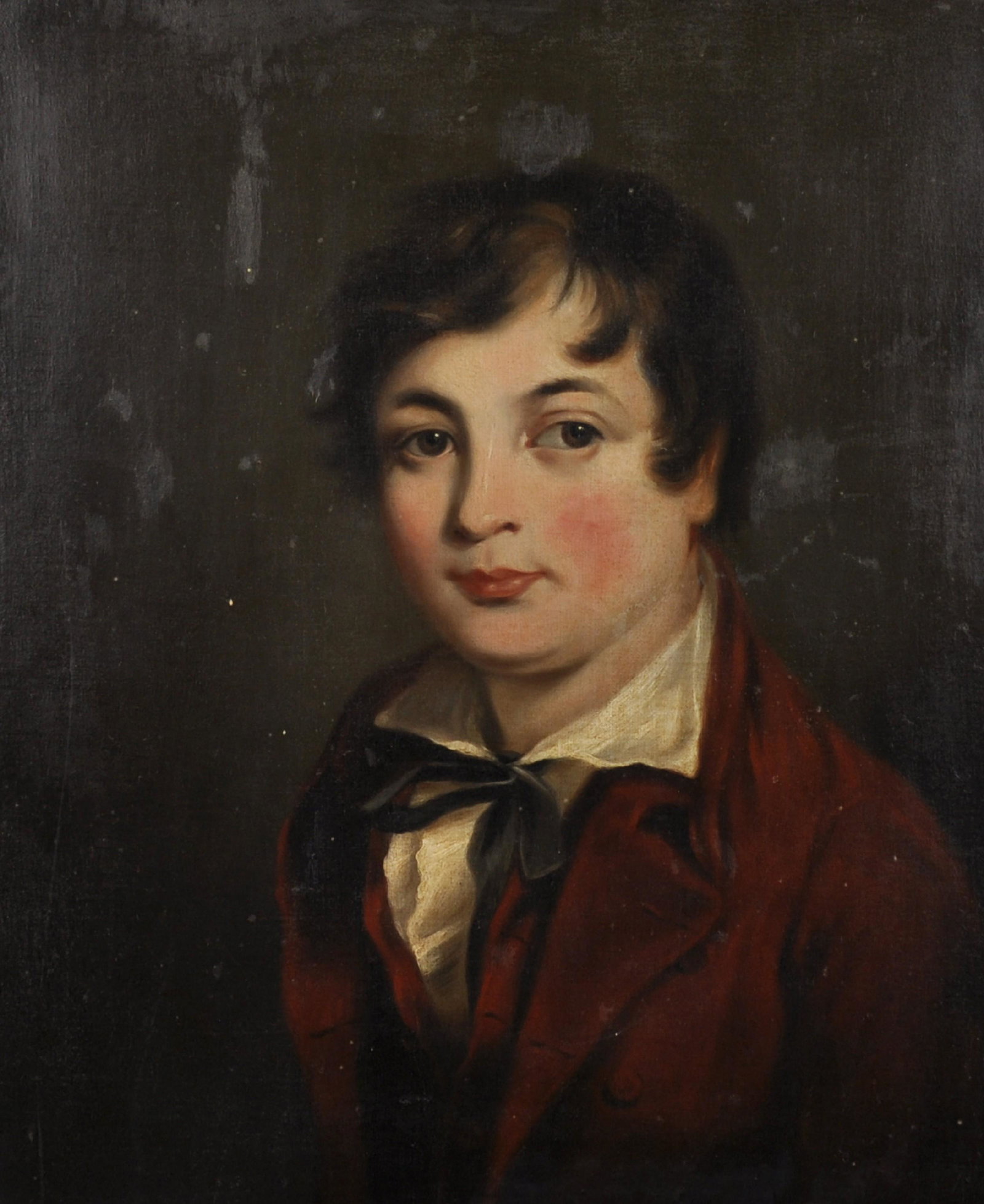 19th Century English School. Portrait of a Young Boy in: 19th Century English School. Portrait of a Young Boy in a Red Jacket and Waistcoat, believed to be a member of the 'Shelley' Family, Oil on Canvas, 21" x 16.75".
