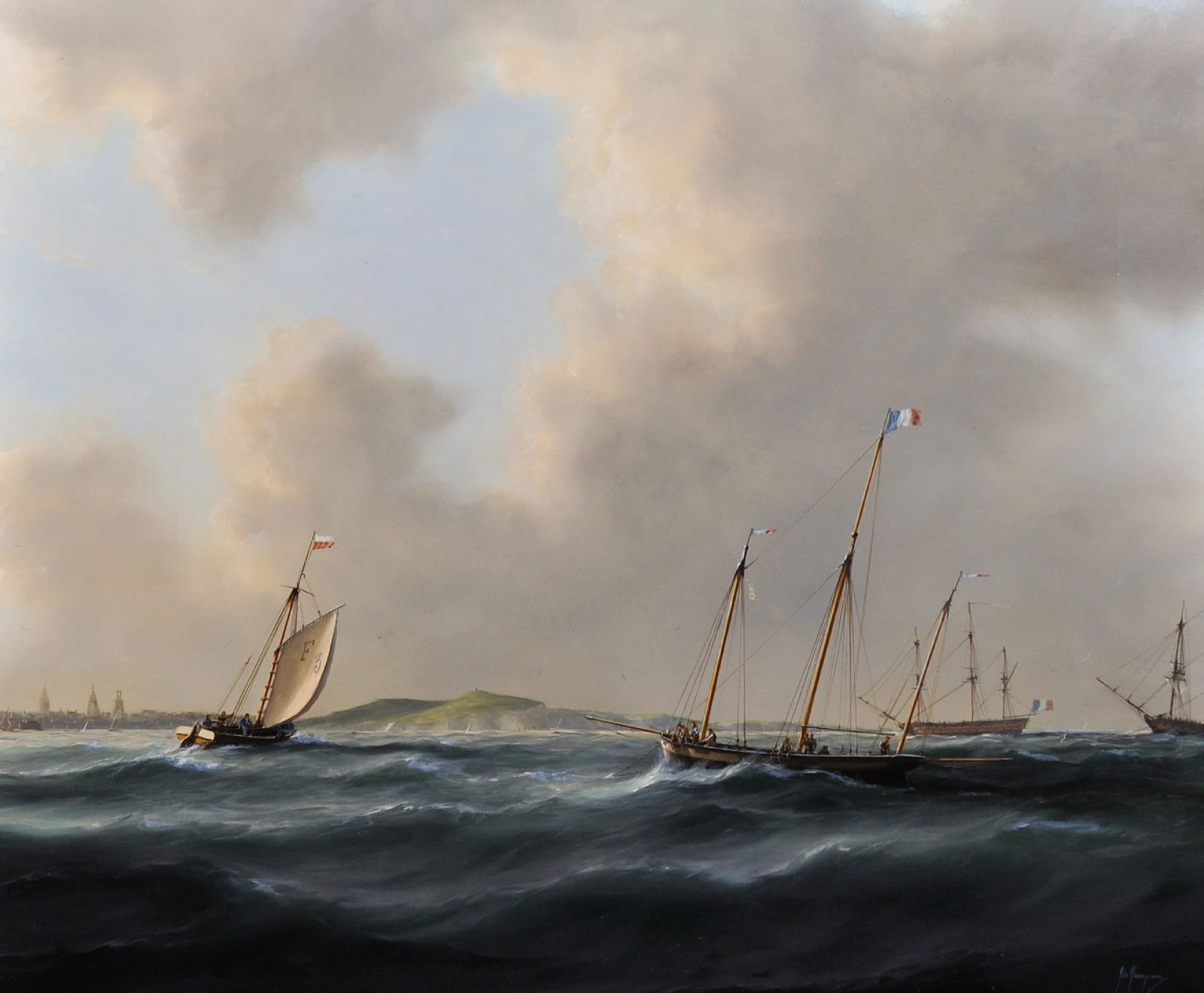 Tim Thompson (1951- ) British. French Masted Boats: Tim Thompson (1951- ) British. French Masted Boats off the Dover Coast, Oil on Canvas, Signed, 17.5 x 21 .