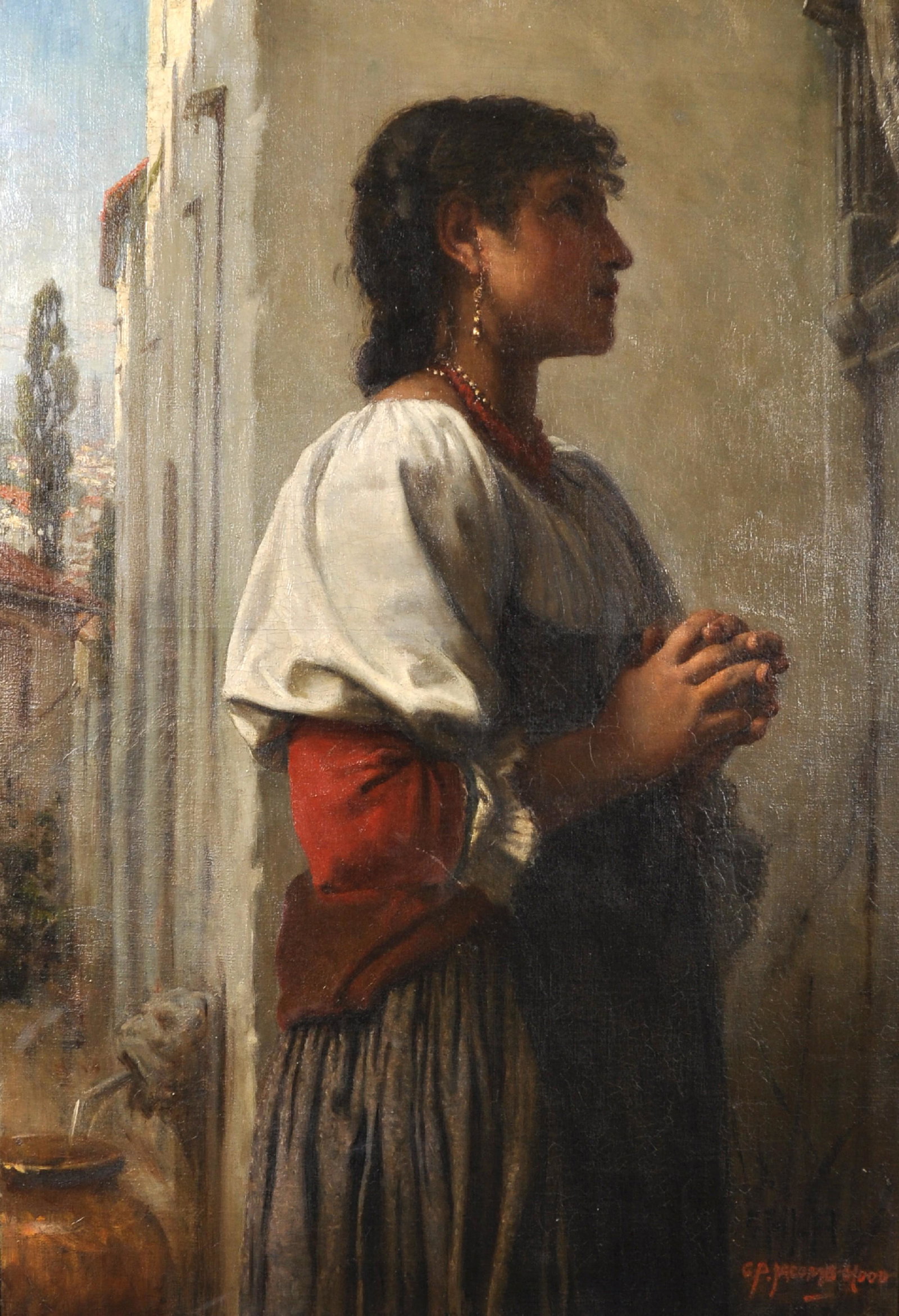 George Percy Jacomb-Hood (1857-1929) British. A Young: George Percy Jacomb-Hood (1857-1929) British. A Young Italian Girl, at Prayers, Oil on Canvas, Signed, and Inscribed on a label on the reverse, 32 x 22 . Provenance: Hollywood Road Gallery, London.