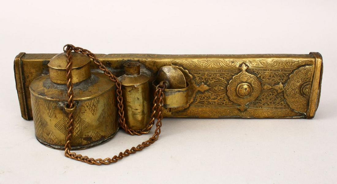 A RARE 16TH CENTURY YEMANI BRASS SCRIBER'S BOX, with (1 of 9)