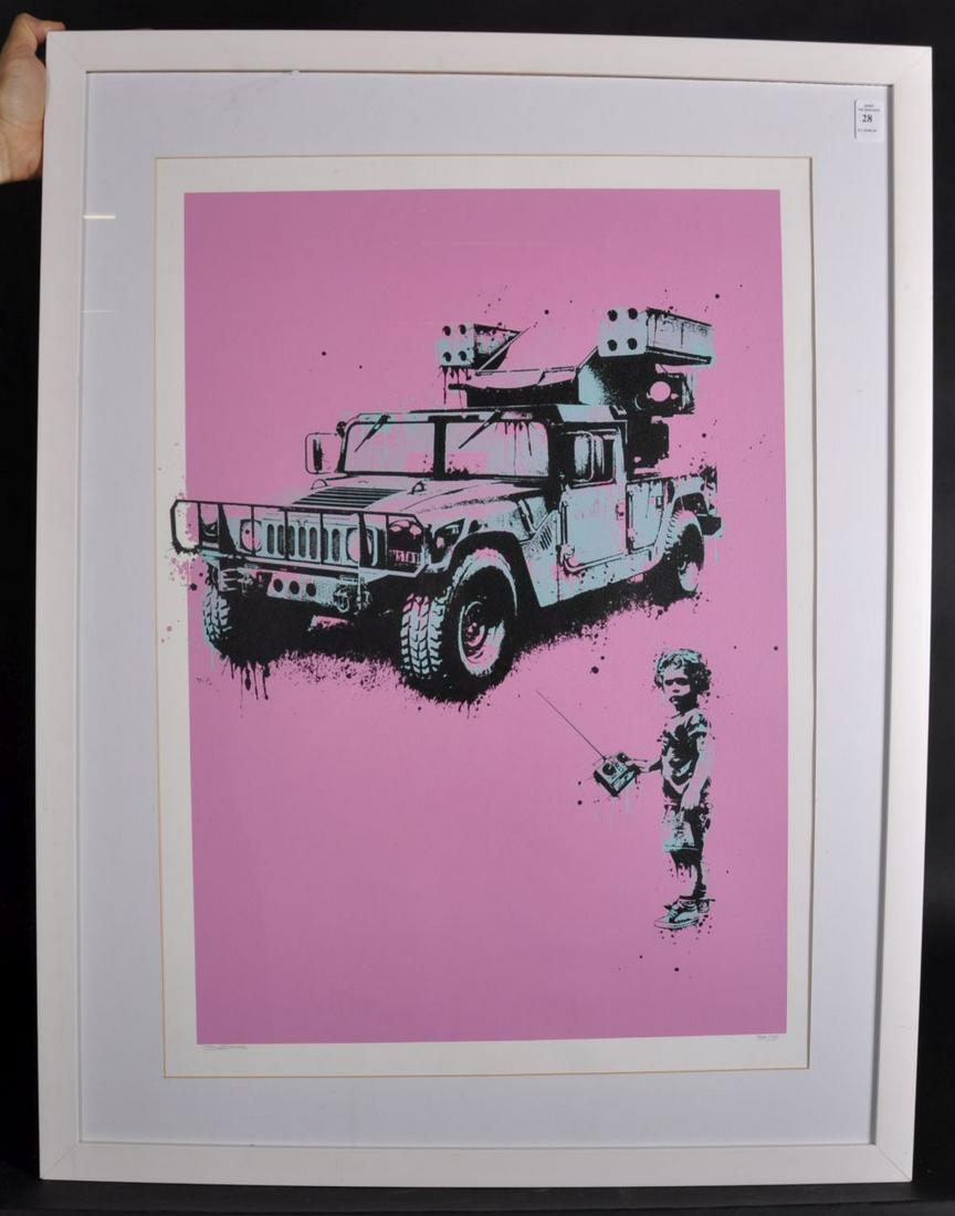 Dan Innes (20th - 21st Century) British. A Small Child: Dan Innes (20th - 21st Century) British. A Small Child with a Remote Controlled Armoured Humvee, Lithograph, Signed and Numbered 67/50 in Pencil, Overall, 28" x 20".