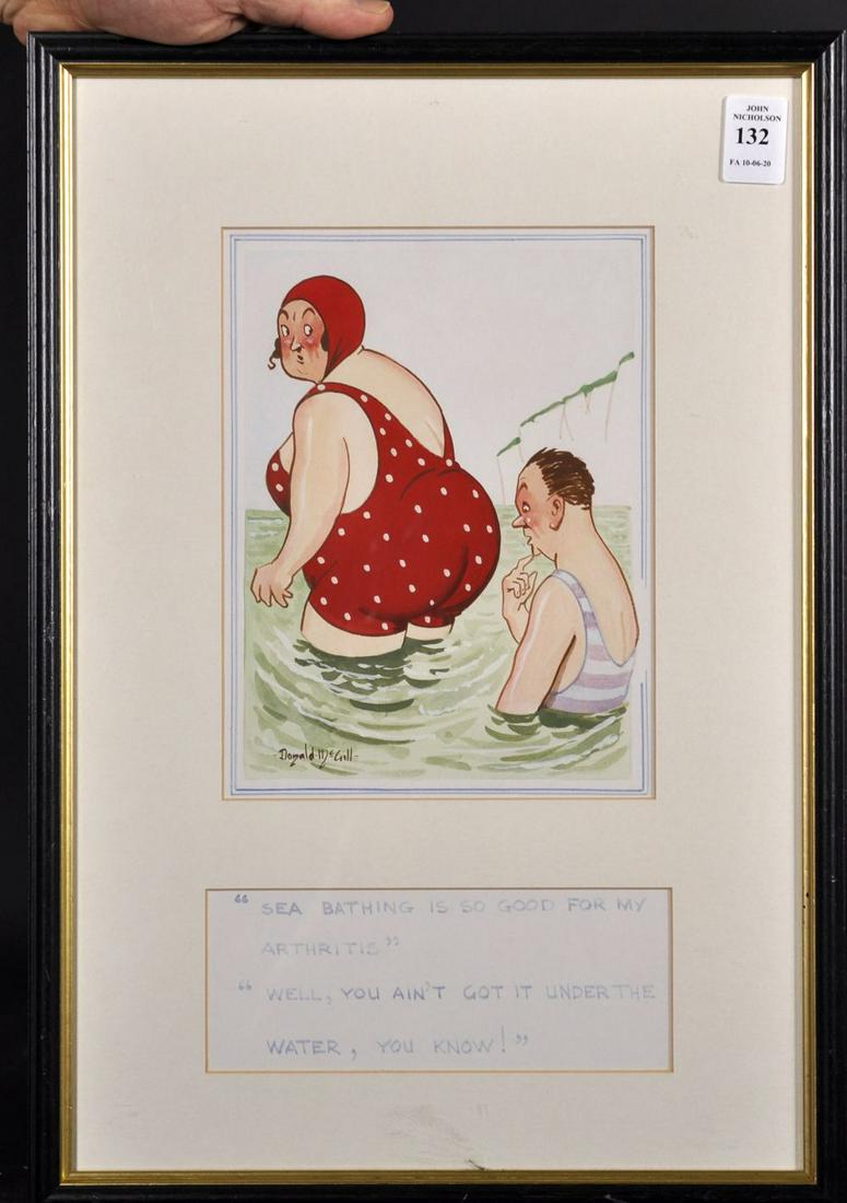 Donald McGill (1875-1962) British. 'Sea Bathing is Good: Donald McGill (1875-1962) British. 'Sea Bathing is Good for my Arthritis', 'Well You Ain't Got it Under the Water You Know', Watercolour and Bodycolour, Signed and Inscribed, 7.5" x 5.5".