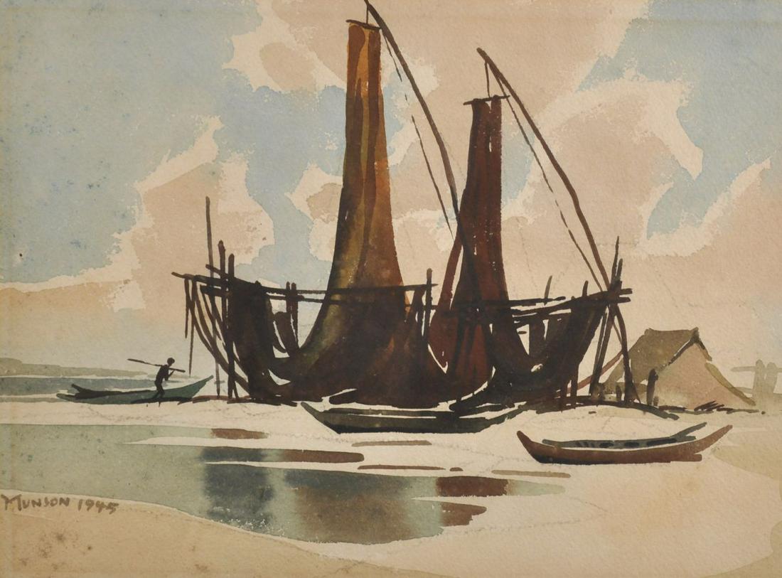 Yong Mun Sen (1896-1962) Malaysian. A Beach Scene, with: Yong Mun Sen (1896-1962) Malaysian. A Beach Scene, with Sails Drying, Watercolour, Signed and Dated 1945, 9.5" x 12.75". Provenance: Artist's Studio - Helen Tacchi (worked for UNESCO in Malaya, 1940's