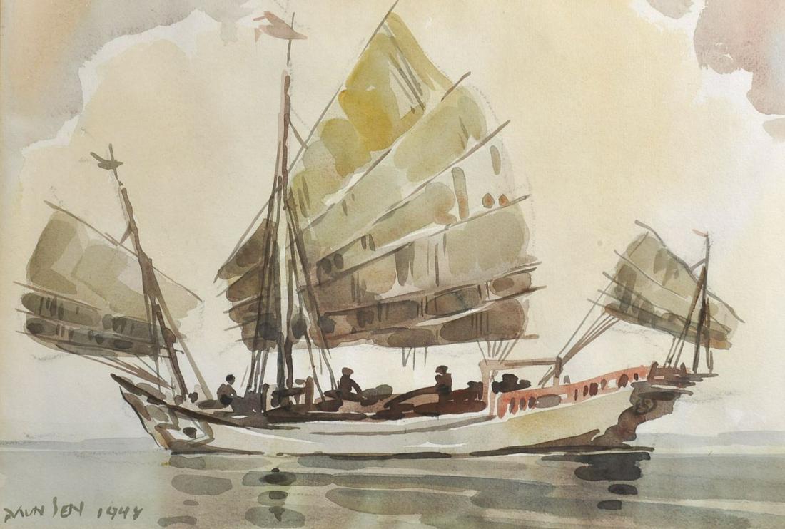 Yong Mun Sen (1896-1962) Malaysian. Figures Sailing in (1 of 3)