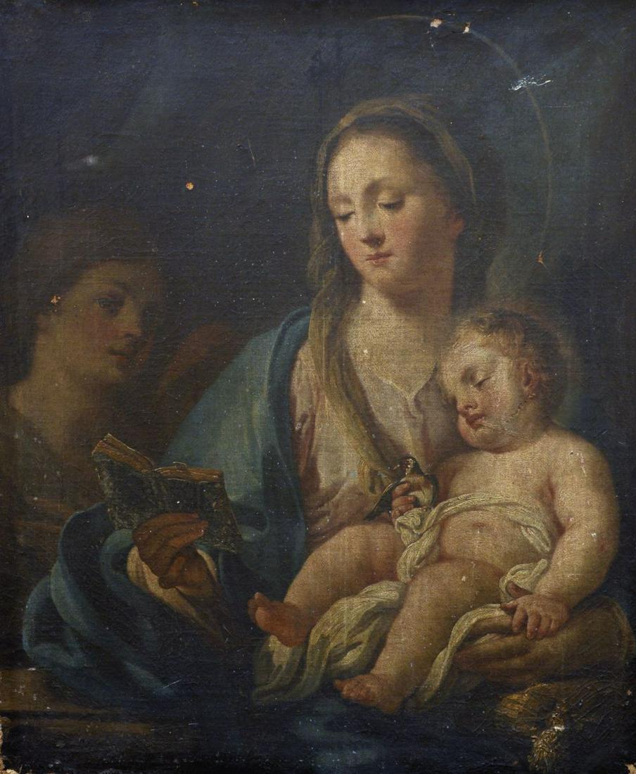 Circle of Sebastiano Conca (1676/80-1764) Italian. The: Circle of Sebastiano Conca (1676/80-1764) Italian. The Madonna and Child holding a Goldfinch, with Attendant, Oil on Canvas, Unframed, 29" x 24.25". Provenance: Mr Metcalfe (inscribed on the reverse).