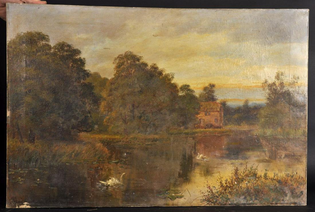 William Langley (act.1880-1920) British. "Netley Mill,: William Langley (act.1880-1920) British. "Netley Mill, Shire, Surrey", an Open River Landscape, with Swans, Oil on Canvas, Signed, Unframed, 20" x 30".