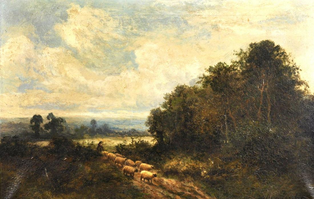 William Langley (act.1880-1920) British. A Landscape,: William Langley (act.1880-1920) British. A Landscape, with a Shepherd and Flock, Oil on Canvas, Signed, 16" x 24".