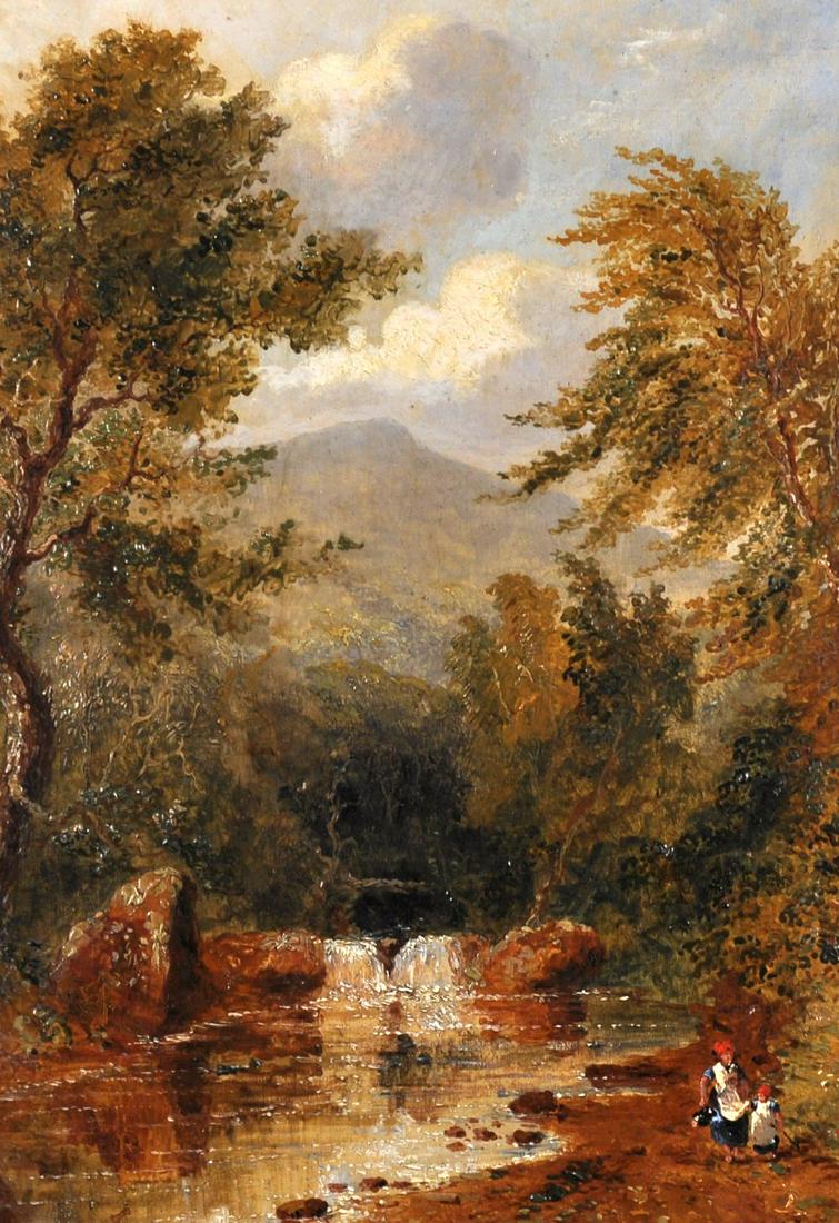 Joseph Murray Ince (1806-1859) British. "Scene on: Joseph Murray Ince (1806-1859) British. "Scene on Cantriff Brook, Looking to the Brecon Beacons", with Figures in the foreground, Oil on Board, Signed, and Inscribed on a label on the reverse, 14.25"