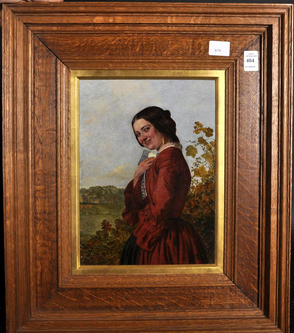 Henry Hetherington Emmerson (1831-1895) British. "No.3,: Henry Hetherington Emmerson (1831-1895) British. "No.3, The Love Letter", with a Young Girl in a Landscape, Oil on Panel, Signed with Initials, and Inscribed on a label on the reverse, 12" x 9".