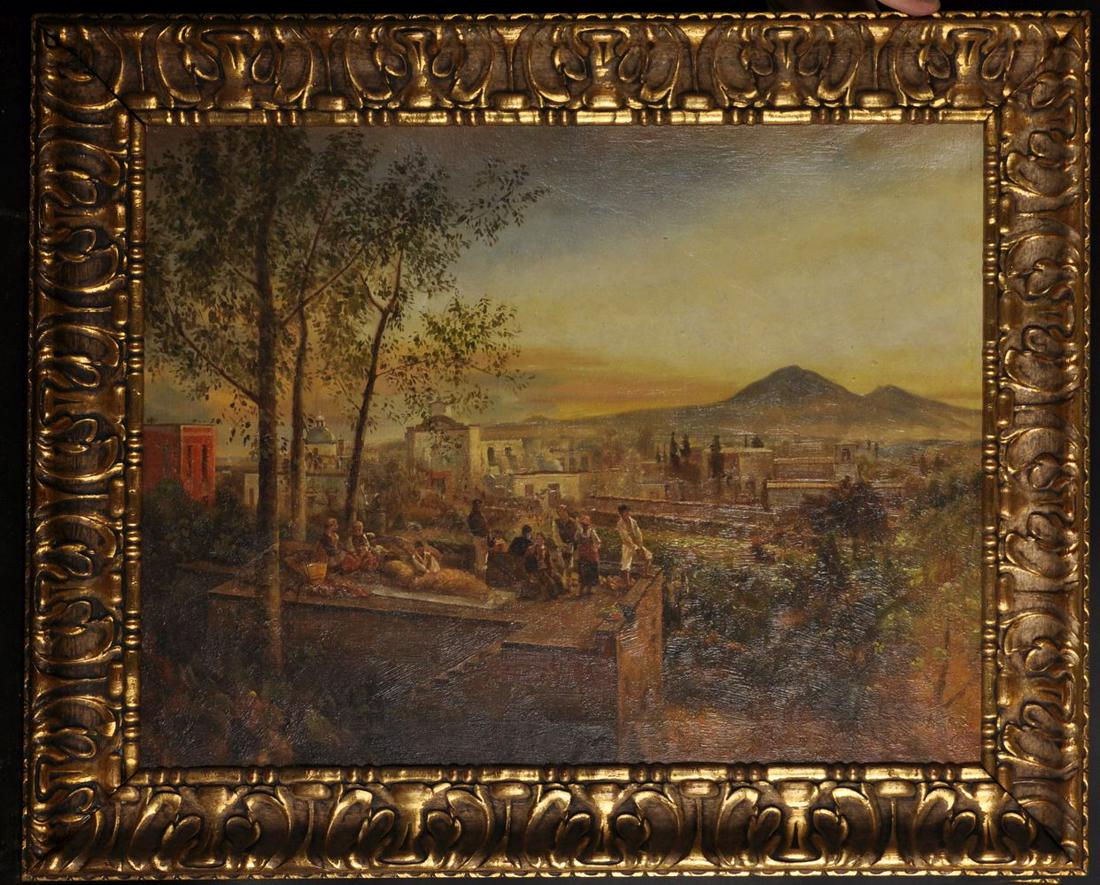 Attributed Oswald Achenbach (1827-1905) German. On the: Attributed Oswald Achenbach (1827-1905) German. On the Rooftops of Pompei Looking Towards Versuvius, Oil on Canvas, 28" x 35".
