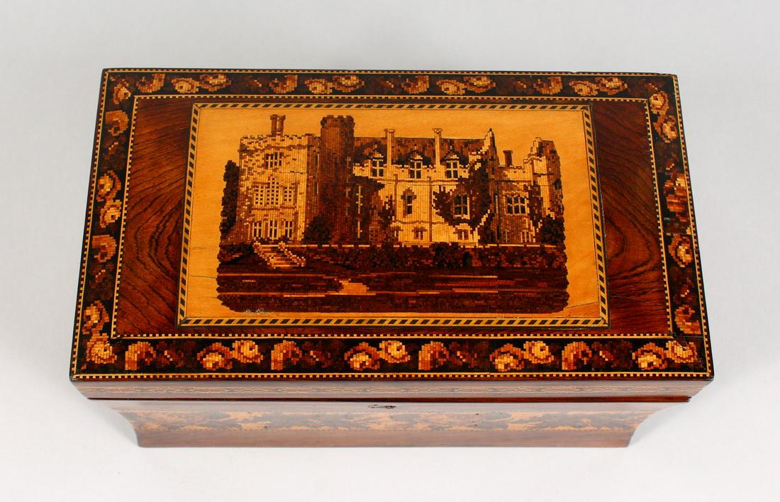 A VERY GOOD TUNBRIDGE WARE DOMED TOP TWO-DIVISION TEA: A VERY GOOD TUNBRIDGE WARE DOMED TOP TWO-DIVISION TEA CADDY, the top inlaid with Hever Castle, Kent with roses to the borders, opening to reveal two tea canisters, roses to the sides. 9.25ins long x 5