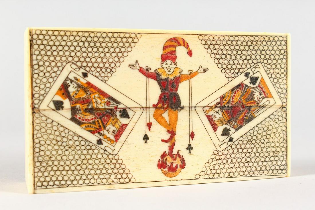 AN ETCHED BONE RECTANGULAR PLAYING CARD BOX, with bone: AN ETCHED BONE RECTANGULAR PLAYING CARD BOX, with bone playing cards. 4ins long.