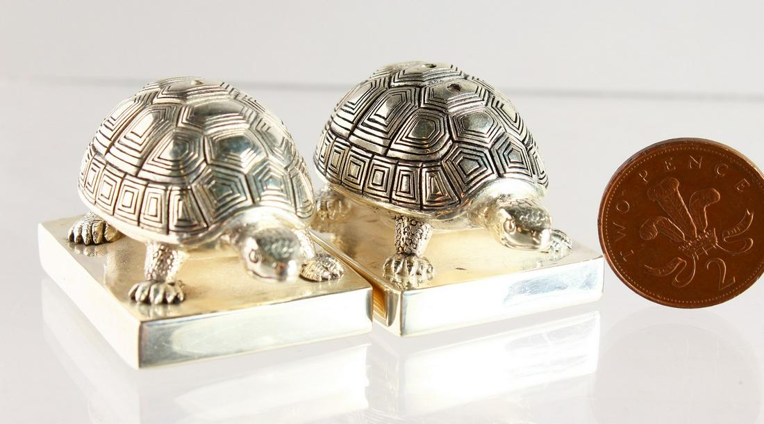 A PAIR OF CAST SILVER PLATED NOVELTY TORTOISE SALT AND: A PAIR OF CAST SILVER PLATED NOVELTY TORTOISE SALT AND PEPPERS.