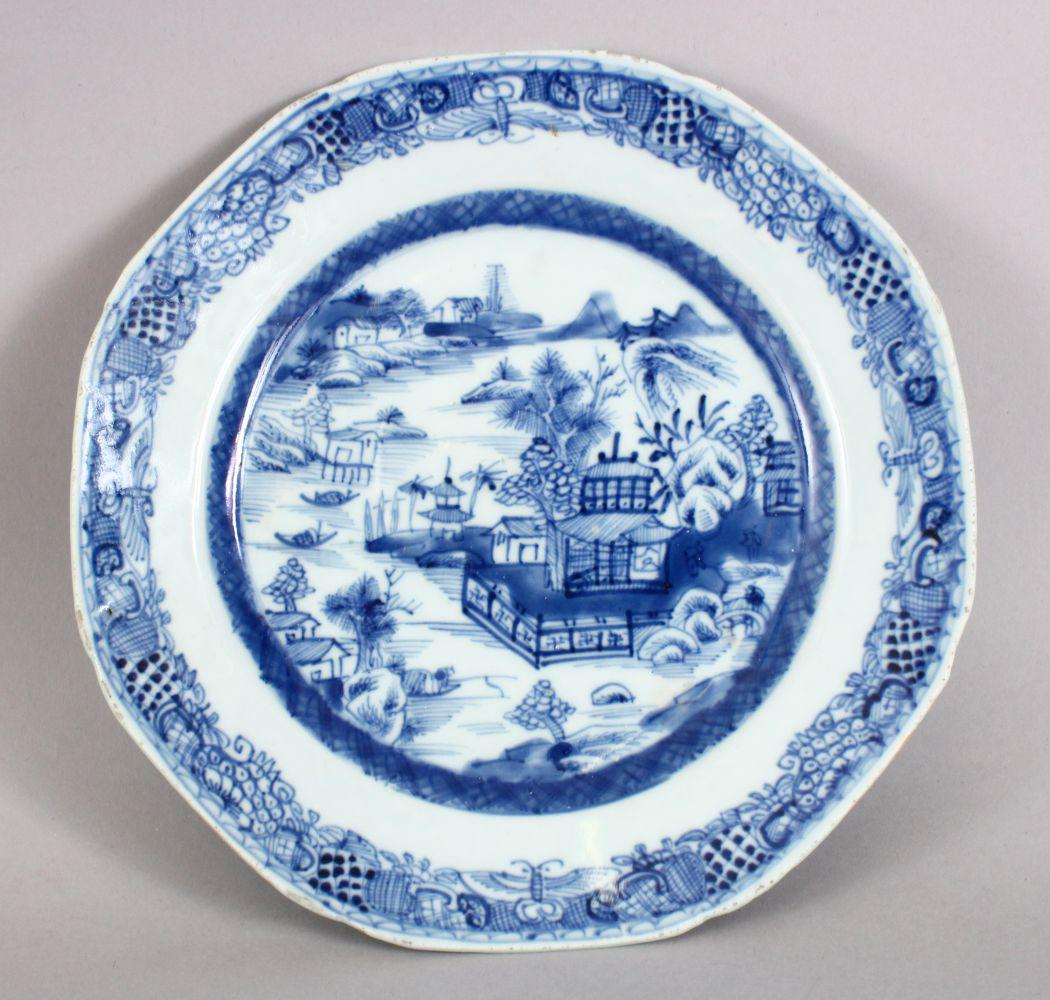 A GOOD 18TH CENTURY CHINESE QIANLONG BLUE & WHITE: A GOOD 18TH CENTURY CHINESE QIANLONG BLUE & WHITE PORCELAIN PLATE, the dish decorated with a river landscape view, 23cm.