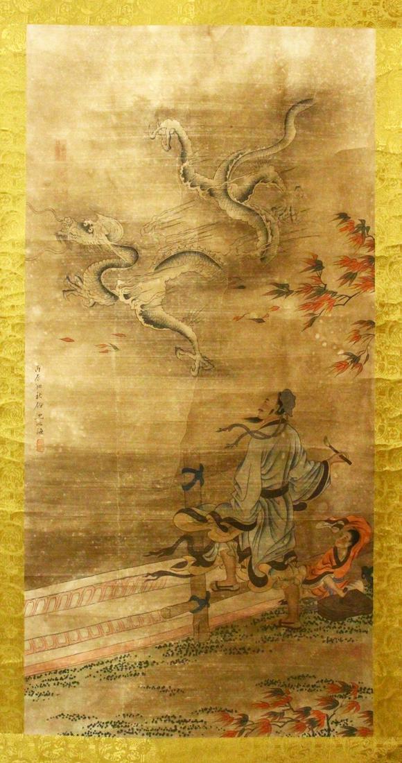 A GOOD CHINESE PAINTED SCROLL OF A FIGURE & DRAGON, the (1 of 6)
